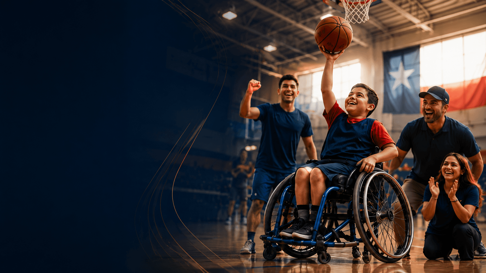 Inclusive basketball - young athlete in wheelchair shooting basketball with team cheering